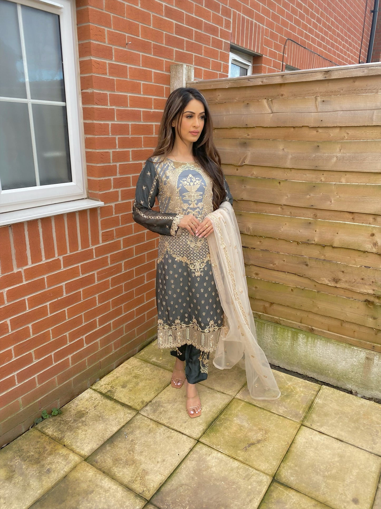 Embroidered Grey Chiffon Suit