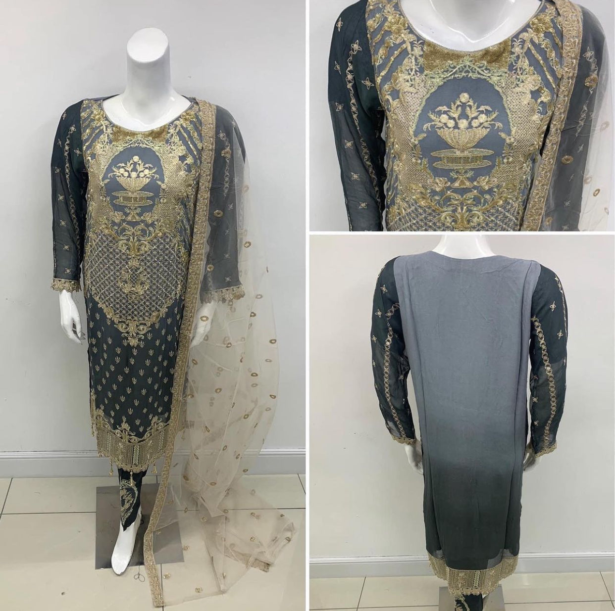 Embroidered Grey Chiffon Suit