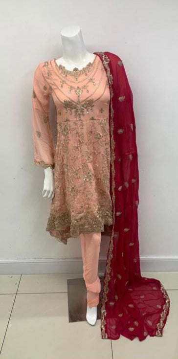 Peach Chiffon Dress With Contrast Dupatta