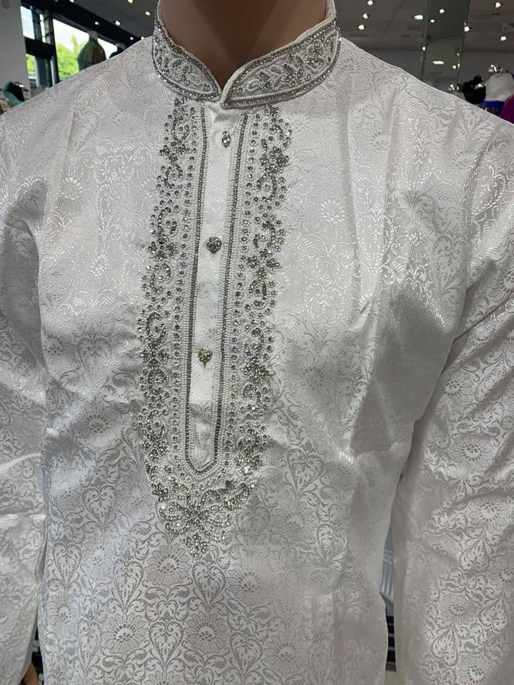 White Men's Brocade Kurta Pyjama