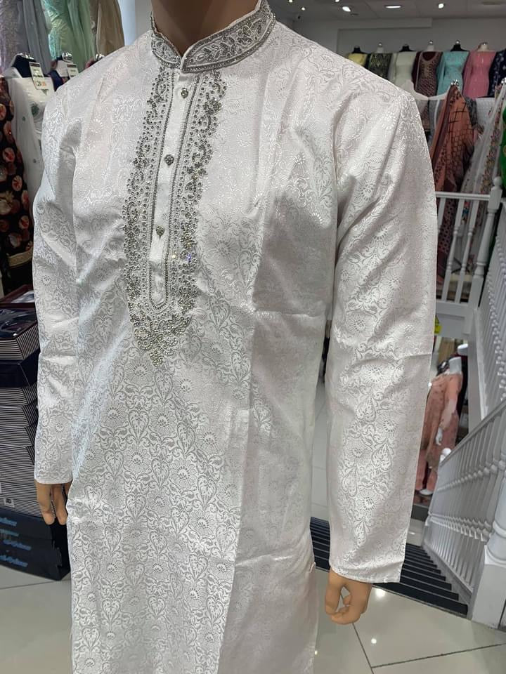 White Men's Brocade Kurta Pyjama